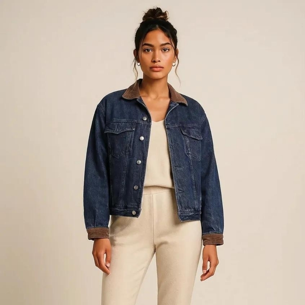 Denim Jean Jacket with Leather Collar Quilted Lining Vintage